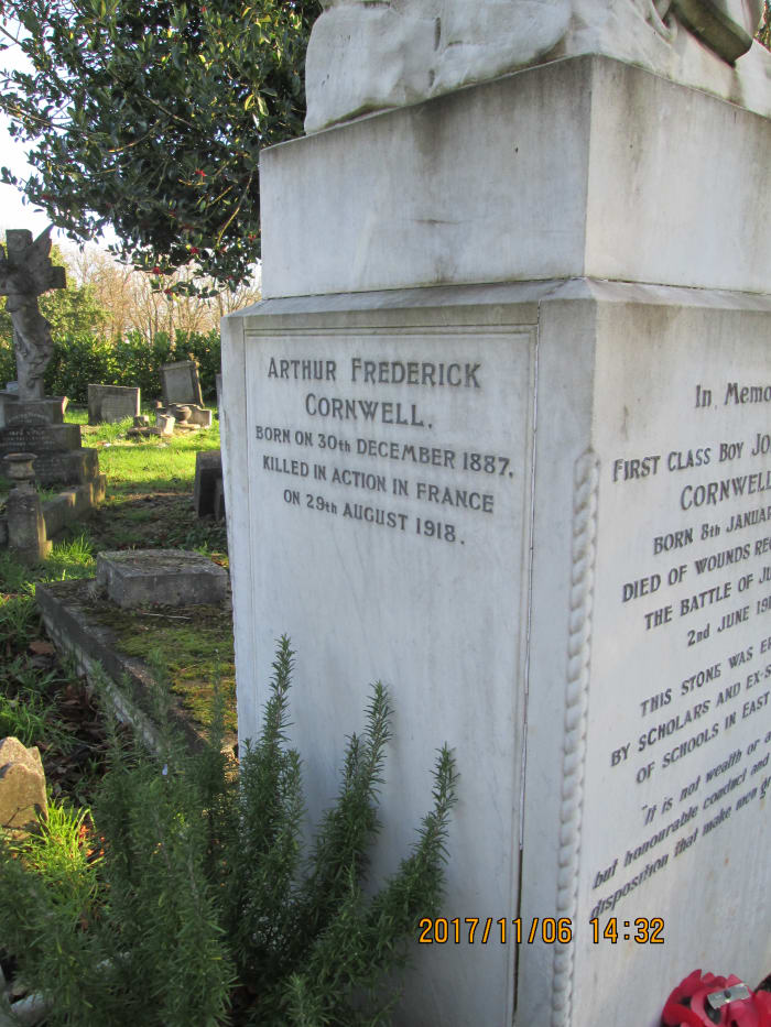 Older brother Arthur Frederick is commemorated on Jack's right, killed in France, August 29th 1918