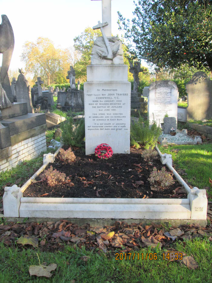 The grave of John 'Jack' Travers Cornwell, centre of Remembrance Sunday services in East London. With him are an older brother - killed 1918 in France - mother and father - the memorial was paid for through subscription by pupils of his old school