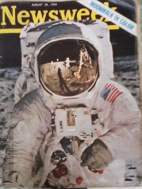 The Cover Of The Newsweek Magazine Reporting The Apollo 11 Moon Mission. Astronaut Neil Armstrong, First Man On The Moon Is Pictured Here In His Spacesuit at Tranquility Base.