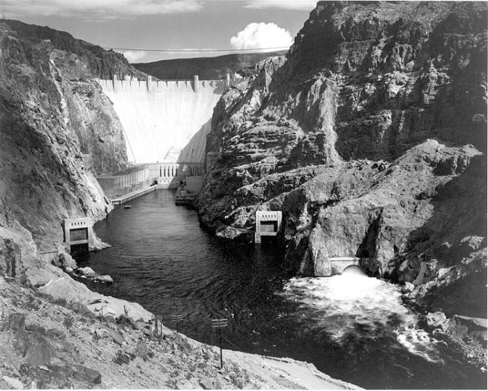 Ansel Adams photo of Boulder Dam, now the world's 35th-largest hydro-electric dam (and now called "Hoover Dam.") Image courtesy the National Parks Service and Wikipedia.