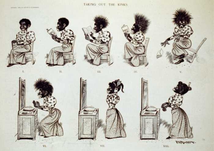 "Taking out the kinks." This 1895 charicature is an unkind parody of a woman seeking to smooth out her hair. The comic strip suggests that her hair stood out on end because of a hair-raising novel. By the end, she has good hair.