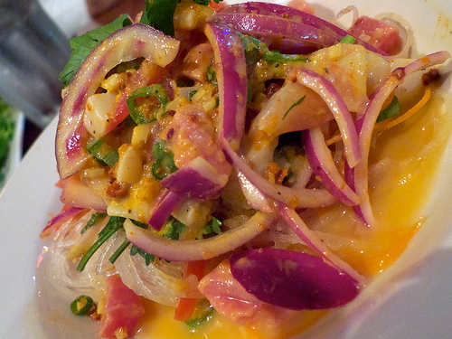 Seafood Kinilaw - Fresh Tuna, Sea Scallops, Shrimps, Red Onions, and Tomatoes Marinated in Calamansi, Vinegar and Coconut Milk (Photo courtesy by arnold|inuyaki from Flickr.com)