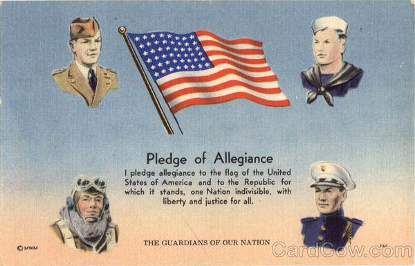 Pledge of Allegiance colorful poster with American flag and four branches of the military depicted by uniform and hat