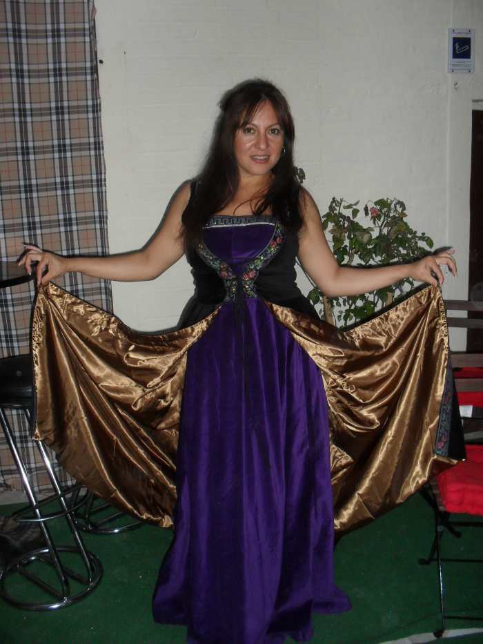 Me Wearing A two piece costume with black velvet overdress from HalloweenCostumes.com