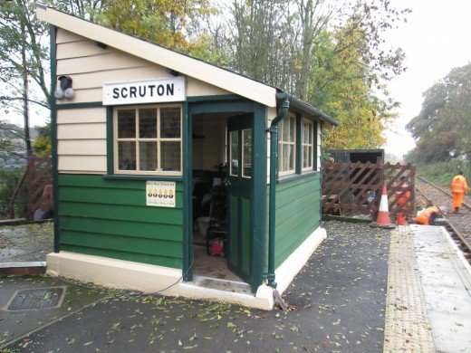 Scruton, repainted platform cabin on the Wensleydale line between Northallerton and Leeming Bar