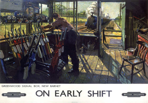 'On early shift' poster shows a Great Northern signal box on the outskirts of London - painted by railway artist Terence Cuneo