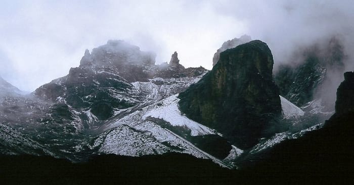 Mount Kenya aka Kirima Kiri Nyaga. What you are seeing is not snow and gracier - its the crown of the Kikuyu Deity. Image Credit: Mehmet Karatay via Wikimedia Commons