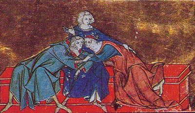 First kiss between Lancelot and Guinevere. Galehaut, who brought the two together, is in the center. Illustration from a manuscript of the Prose Lancelot.