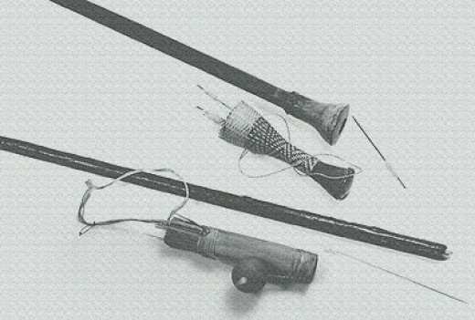 Jivaro Indian 8 ft. two-piece blowgun, darts and quiver. Gourd attach on side of quiver contains kapok which is wrapped around the rear area of the dart as an air seal. Cup also contain the curare poison.