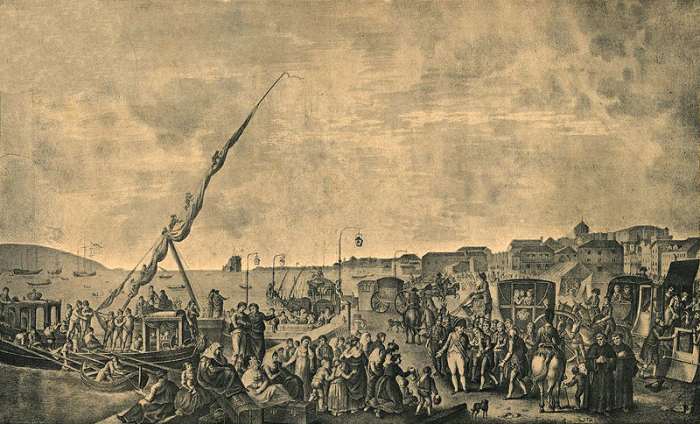 A picture depicting the Portuguese Royal Family preparing to flee from Lisbon to Brazil.