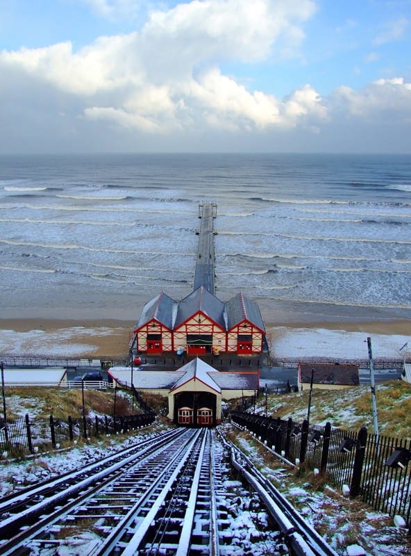 Saltburn cliff lift and pier as it is now at about half its original length - winter scene (don't do the walk in this sort of weather)