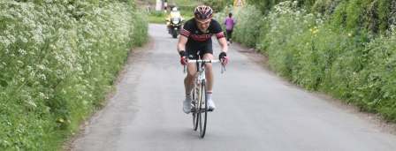 A Langdale Cycles rider climbing in the East Midlands Divisional Road Race 2012.