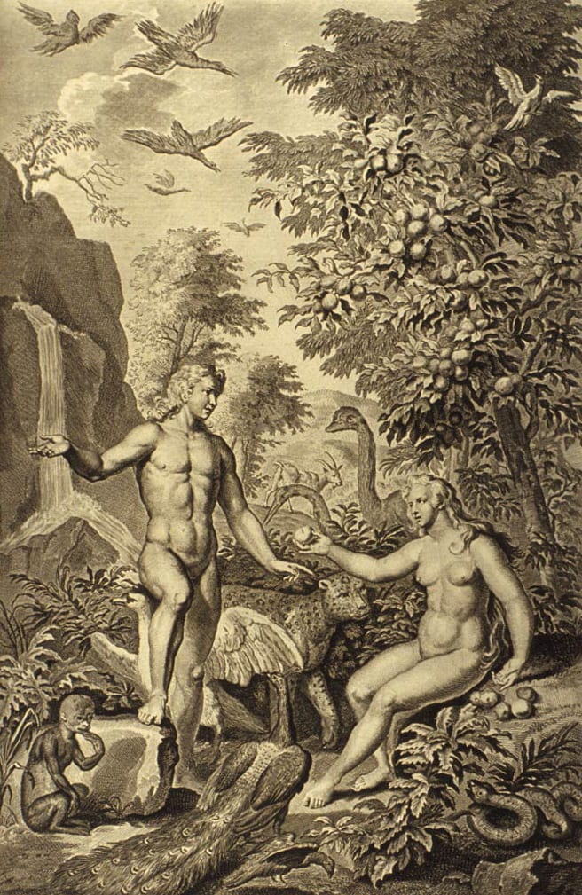 Eve shares fruit of the Tree of Knowledge of with her husband; Genesis 3:6.