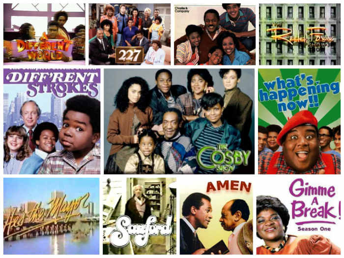 L to R: A Different World, 227, Charlie & Company, The Redd Foxx Show, Diff'rent Strokes, The Cosby Show, What's Happening Now!!, He's the Mayor, Sanford, Amen, and Gimme a Break!