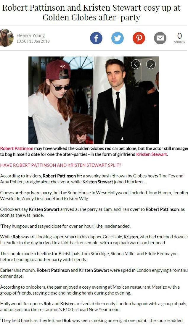This is from MarieClaireUK, and they also reported on other recent 'PDA' moments caught in London - other places reported on this; and it was ignored. Notice how they all mention that Robert walked the Red Carpet ALONE.