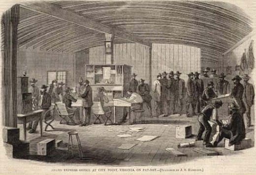 The office at Adams Express at City Point, VA in 1864 during payday. Appropriately, it is rather busy