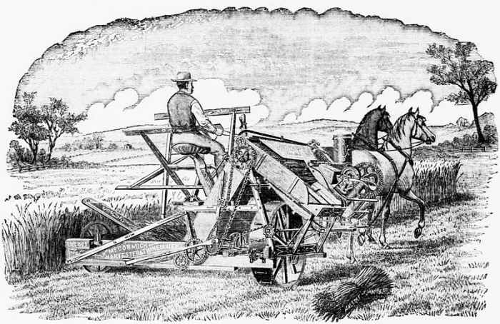 Advertisement for the twine binder version of the McCormick reaper. Caption reads: "The People's Favorite! The World-Renowned McCormick Twine Binder! Victorious in over 100 Field Trials! New and Valuable Improvements for 1884!"