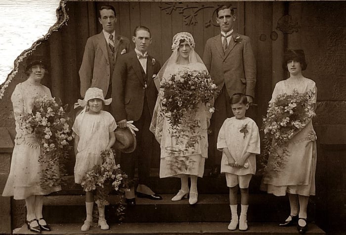 Here is mum's brother, my Uncle Ken Trigg, as a young boy in the 1930s - again a pageboy at a family wedding. It was the wedding of my grandad Frank Trigg's sister Mary to Bob Copley. Behind the bride is grandad's brother Arthur.