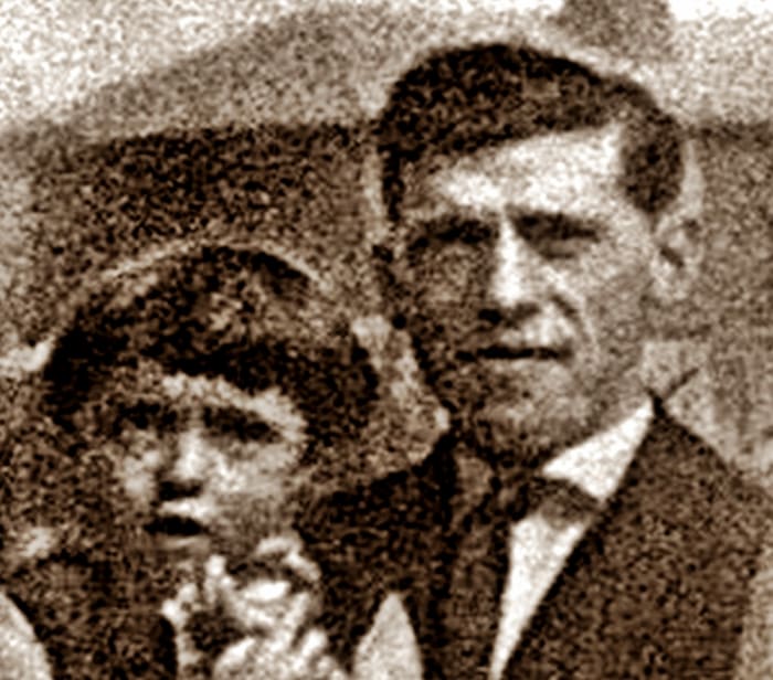 My mum aged four or five, pictured with my grandad - this was how old mum was when grandad used to take her to school as pillion passenger on his motorbike!