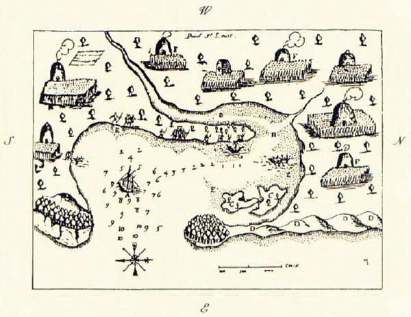 Plymouth, Massachusetts, harbor showing extensive Native American settlement (a sketch by Samuel de Champlain from his voyage of 1606)