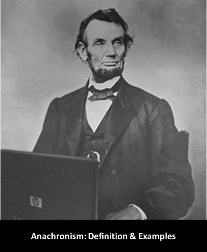 In this picture, Abraham Lincoln is working on a Laptop. Laptop was an unknown thing in the age of Lincoln. Hence, it is an anachronism.