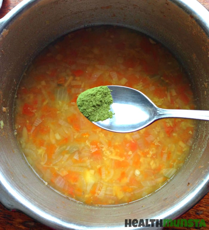 Add in your moringa powder and mash up the soup with a potato masher to make it smooth and creamy. Alternatively, you could blend the soup in your blender.