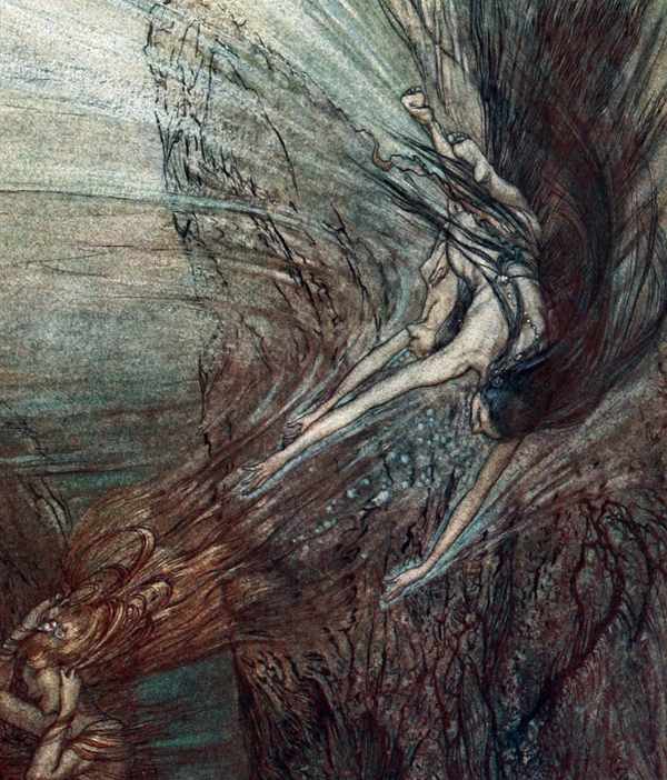 Here we show a portion of 'The frolic of the Rhine-Maidens' - a design by Arthur Rackham from his suite published in "The Rhinegold & The Valkyrie" (1910).