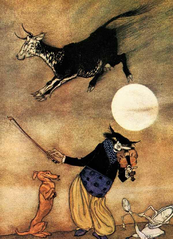 Here we show a portion of 'Hey! diddle, diddle' - a design by Arthur Rackham from his suite published in "Mother Goose: The Old Nursery Rhymes" (1913).