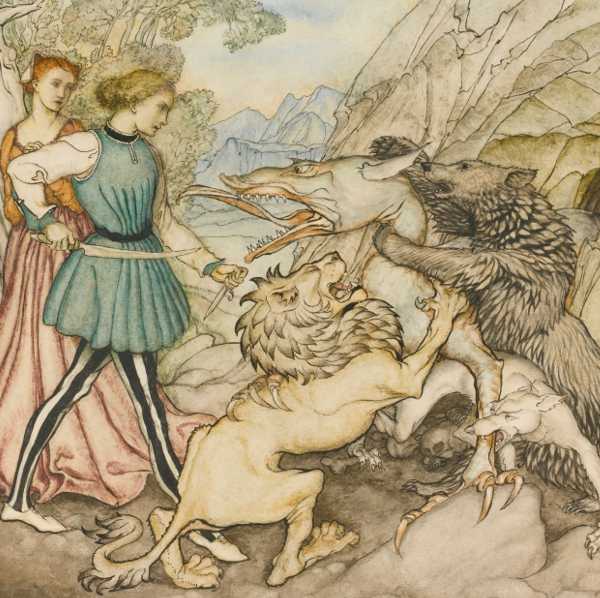 Here we show a portion of 'Cesarino and the Dragon' - a design by Arthur Rackham from his suite published in "The Allies' Fairy Book" (1916).