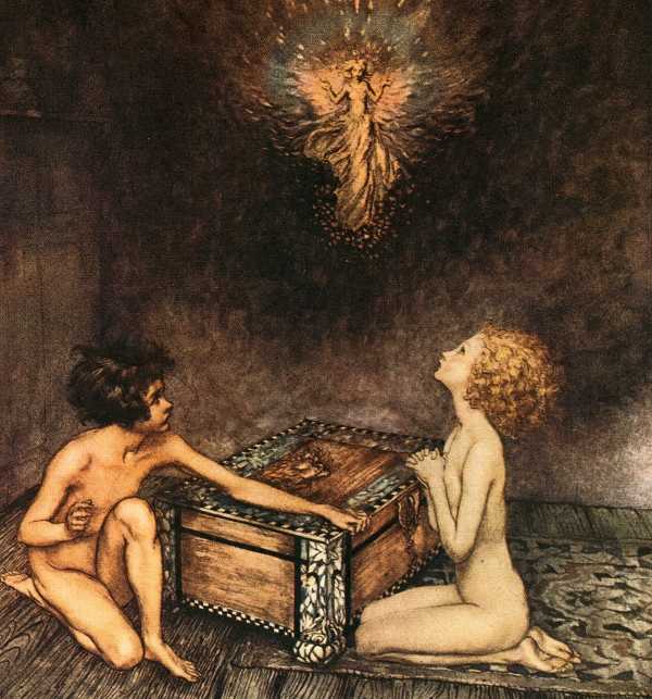 Here we show a portion of 'Pandora and Epimetheus' - a design by Arthur Rackham from his suite of illustrations published in "Hawthorne's Wonder Book" (1922).