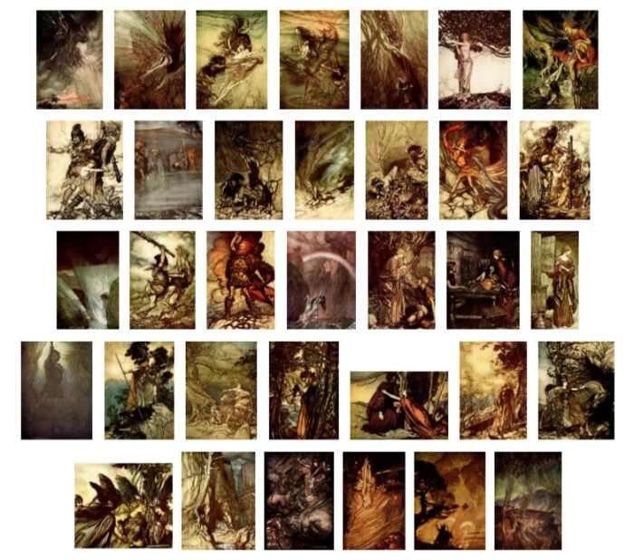 Here we show each of Arthur Rackham's full-color designs published in "The Rhinegold & The Valkyrie" (1910).