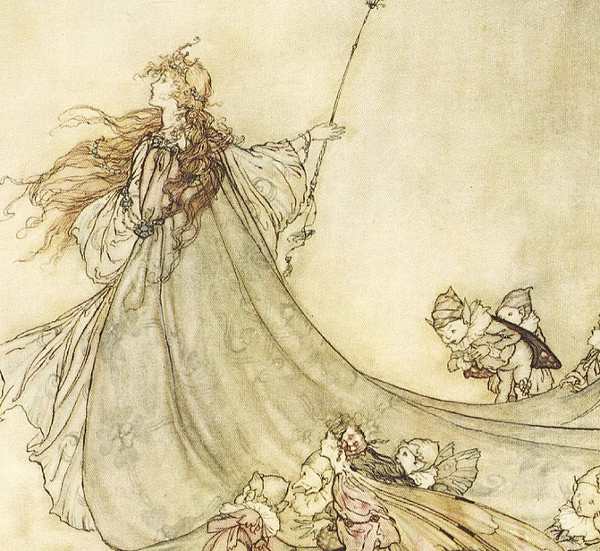 Here we show a portion of '... Fairies, away! We shall chide downright, if I longer stay ...' - a design by Arthur Rackham from his suite published in "A Midsummer-Night's Dream" (1908).