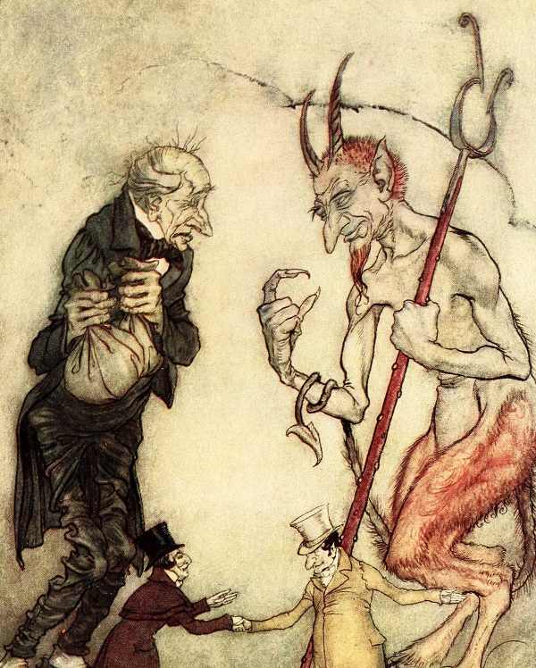 Here we show a portion of '... Old Scratch has got his own at last, hey? ...' - a design from Arthur Rackham from his suite published in "A Christmas Carol" (1915).