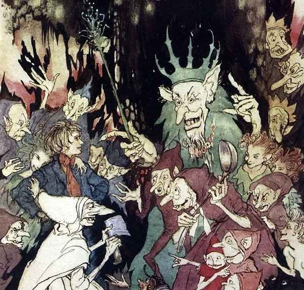 Here we show a portion of 'Peer before the King of the Trolls' - a design by Arthur Rackham from his suite of illustrations published in "Peer Gynt" (1936).