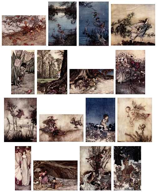 Here we show a selection of designs featuring fairies from Arthur Rackham's suite published in "Peter Pan in Kensington Gardens" (1906).