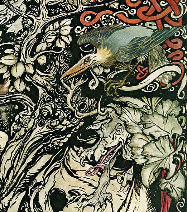 Here we show a portion of 'Wild and shy and monstrous creatures ranged in her plains and forests' - a design by Arthur Rackham from his suite published in "Irish Fairy Tales" (1920).