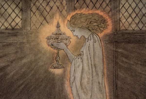 Here we show a portion of '... a maiden bare in the Sangreal ...' - a design by Arthur Rackham from his suite published in "The Romance of King Arthur and His Knights of the Round Table" (1917).
