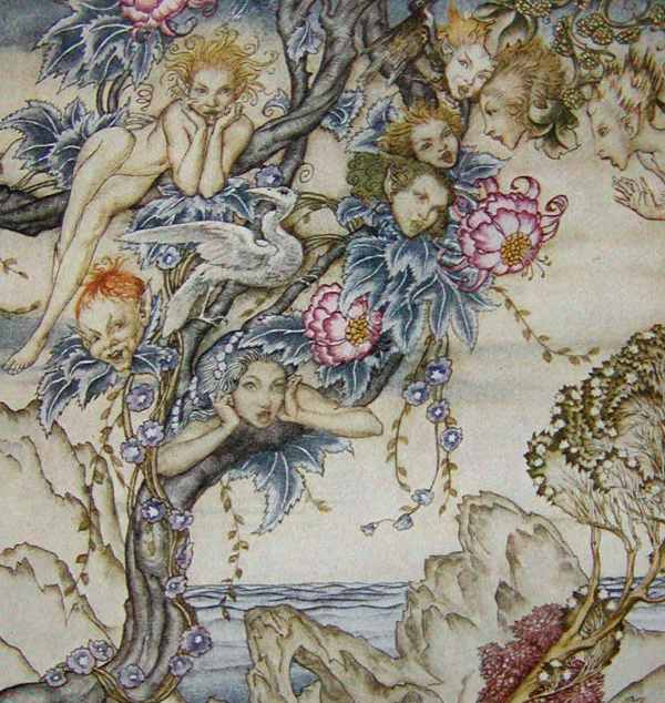 Here we show a portion of 'The isle is full of noises ...' - a design by Arthur Rackham from his suite of illustrations published in "The Tempest" (1926).