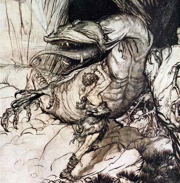 Here we show a portion of 'Siegfried kills Fafner' - a design by Arthur Rackham from his suite published in "Siegfried & The Twilight of the Gods" (1911).