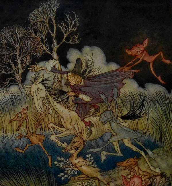 Here we show a portion of 'The nightmare, with her whole ninefold' - a design by Arthur Rackham from his suite of illustrations published in "The Legend of Sleepy Hollow" (1928).