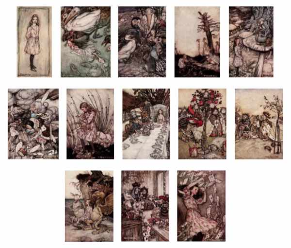 Here we show each of Arthur Rackham's full-color designs published in "Alice's Adventures in Wonderland" (1907).