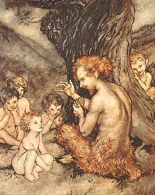 Here we show a portion of 'Pan' - a design by Arthur Rackham from his suite published in "The Springtide of Life" (1918).
