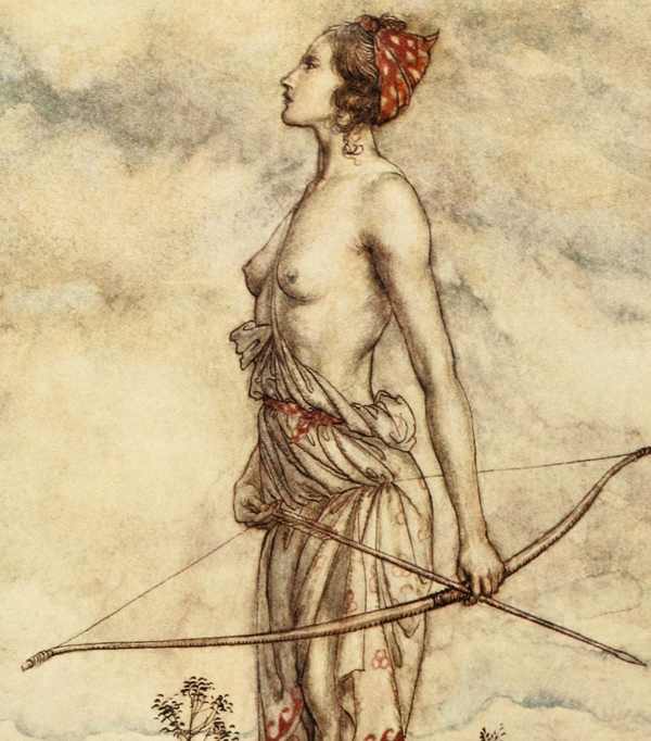 Here we show a portion of 'The huntress Dian' - a design by Arthur Rackham from his suite of illustrations published in "Comus" (1921).