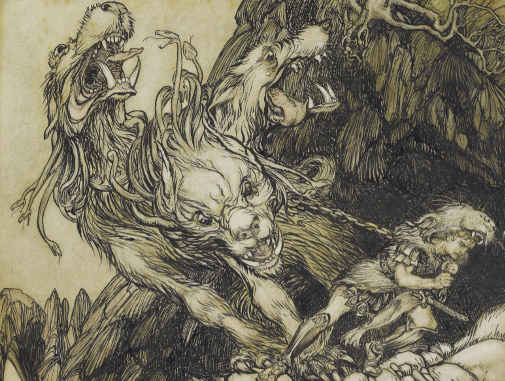Here we show this design by Arthur Rackham depicting the final - and most difficult - of Hercules' tasks, the kidnap of Cerberus.