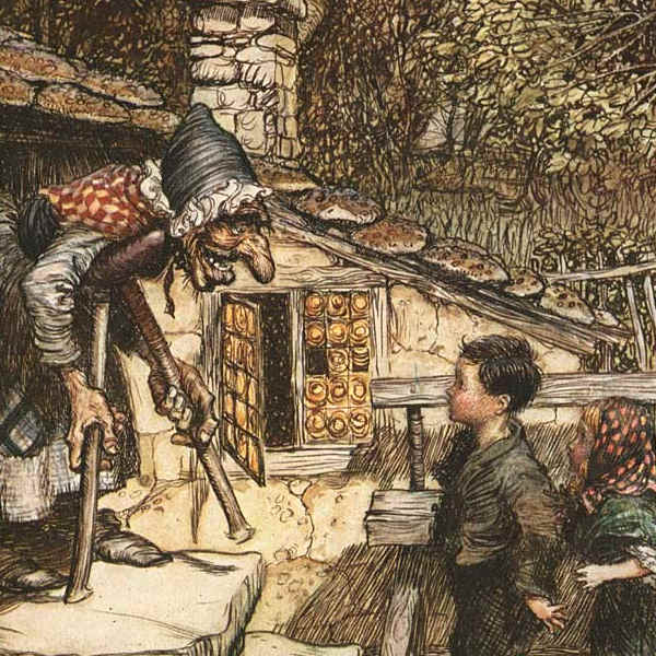 Here we show a portion of 'All at once the door opened and an old, old Woman, supporting herself on a crutch, came hobbling out' - a design by Arthur Rackham from his suite published in "The Fairy Tales of the Brothers Grimm" (1909).