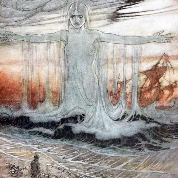 Here we show a portion of 'The Shipwrecked Man and the Sea' - a design by Arthur Rackham from his suite published in "Aesop's Fables" (1912).