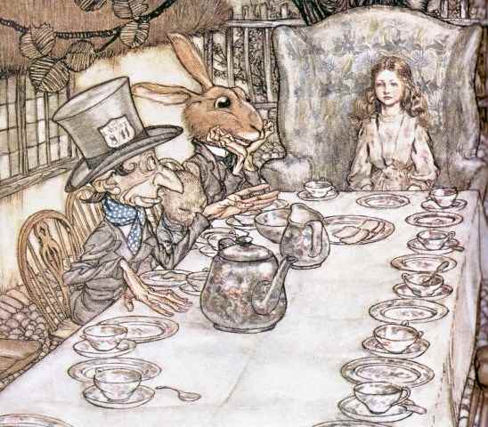 Here we show a portion of 'A Mad Tea Party' - a design by Arthur Rackham from his suite published in "Alice's Adventures in Wonderland" (1907).