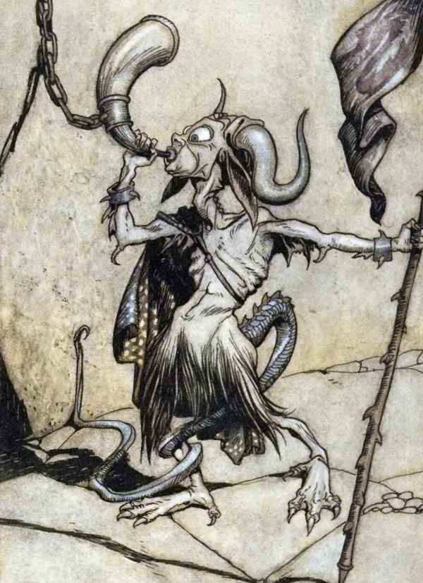 Here we show a portion of 'The horn ... was blown with a loud twenty-trumpeter power' - a design by Arthur Rackham from his suite published in "The Ingoldsby Legends" (1907).