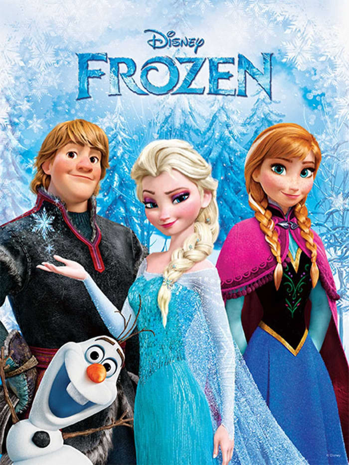 A poster of Elsa, the Queen of the Kingdom of Arendelle, from Disney's Frozen movie. You can also see her younger sister, Anna, Olaf, the snowman, and Kristoff in this pic