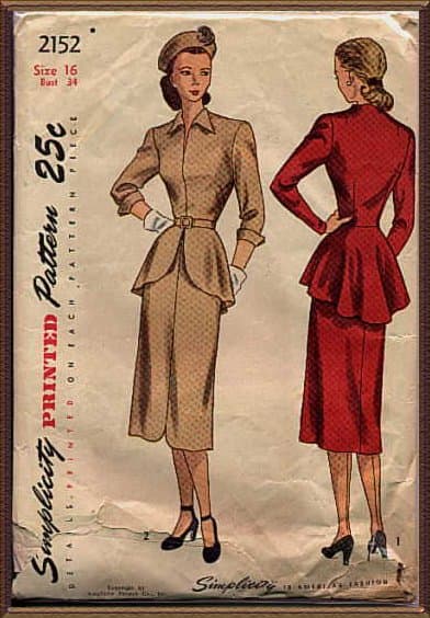 Women wore dresses to the knee or below and broad, square shoulders were popular due to military influence. Some women resorted to sewing clothing from flour sacks because more common fabrics were not available for civilian uses.